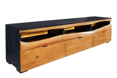 Comoda TV GRAND ACACIA 180 cm din lemn de salcâm cu margini naturale, cu iluminare LED controlată de la distanță
