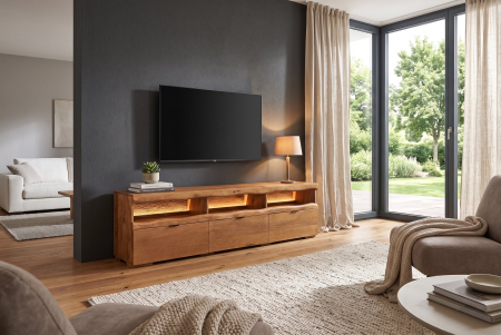 Comoda TV GRAND MANGO 180 cm cu compartimente de expunere iluminate cu LED-uri și telecomandă, din lemn de mango maro [2]