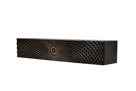 Comode TV - Comodă TV ILLUSION 160 cm 3D suspendată din lemn de mango, negru-auriu
