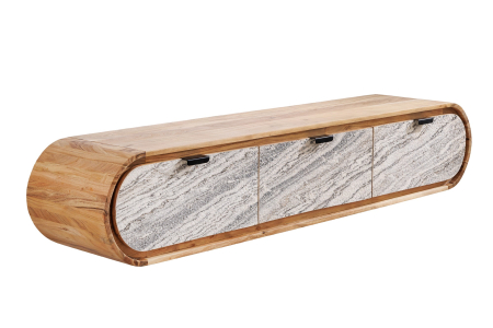Comode TV - Comoda TV ORGANIC 160 cm suspendat din lemn de salcâm natural cu fațadă cu aspect de piatră