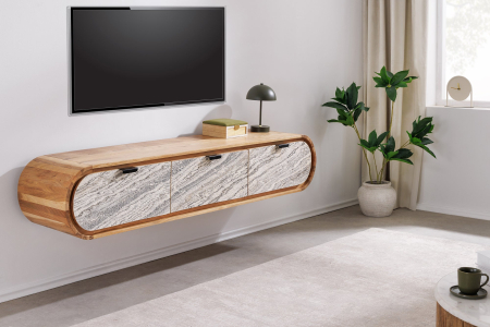 Comoda TV ORGANIC 160 cm suspendat din lemn de salcâm natural cu fațadă cu aspect de piatră [2]