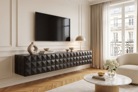 Comoda TV VULCANO 160 cm suspendată, fațadă 3D, cu orificiu pentru cabluri, lemn de mango, negru [3]