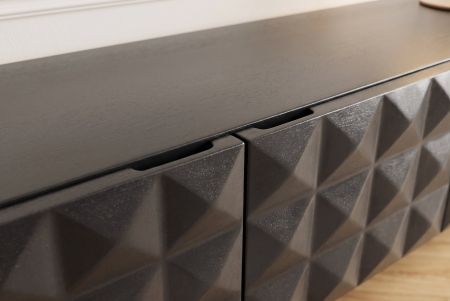Comoda TV VULCANO 160 cm suspendată, fațadă 3D, cu orificiu pentru cabluri, lemn de mango, negru [13]