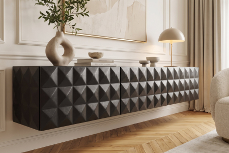 Comoda TV VULCANO 160 cm suspendată, fațadă 3D, cu orificiu pentru cabluri, lemn de mango, negru [6]