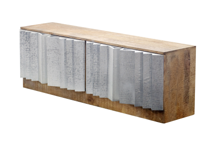 Comode TV - Comoda TV ZALVERO 150 cm din lemn de mango, fațadă din aluminiu, argintiu natural