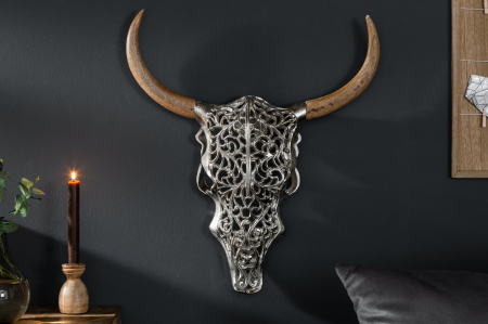 Decorațiune de perete craniu EXOTIC BULL 57 cm argintiu cu coarne din lemn de mango [3]