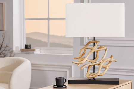 Lampă de masă THE WAVE 60cm, din lemn de tec, cu abajur alb [4]