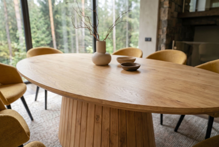 Masă de dining ART DECO 220 cm, ovală, cu picior canelat, din lemn de mango, culoare crem natural [4]