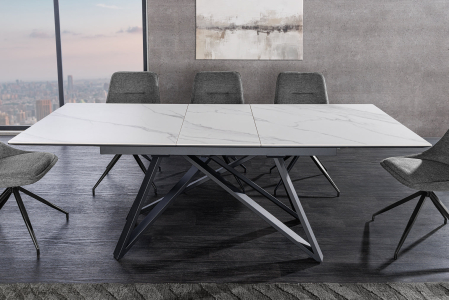 Masă de dining ATLAS 160-200cm extensibilă, aspect marmură, ceramică albă, sticlă securizată [3]