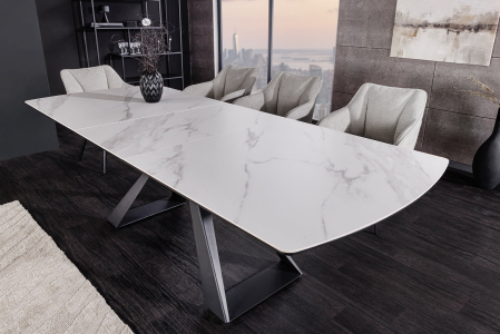 Masă de dining CONCORD 180-230cm extensibilă, aspect marmură, ceramică albă, sticlă securizată [3]