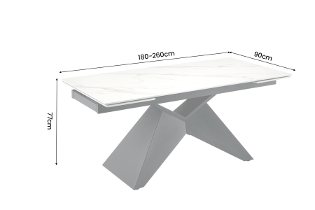 Masă de dining DIAMOND 180-260 cm, extensibilă, cu blat din ceramică alb mat cu aspect de marmură și picior negru geometric [6]