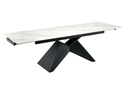 Mese bucatarie & dining - Masă de dining DIAMOND 180-260 cm, extensibilă, cu blat din ceramică alb mat cu aspect de marmură și picior negru geometric