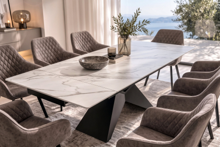 Masă de dining DIAMOND 180-260 cm, extensibilă, cu blat din ceramică alb mat cu aspect de marmură și picior negru geometric [4]