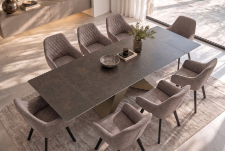 Masă de dining DIAMOND 180-260 cm, extensibilă, cu blat din ceramică cu aspect ruginit și picior din fier cu finisaj geometric bronz [4]