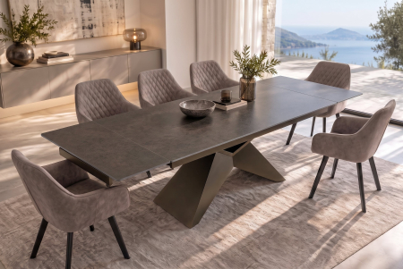 Masă de dining DIAMOND 180-260 cm, extensibilă, cu blat din ceramică cu aspect ruginit și picior din fier cu finisaj geometric bronz [3]