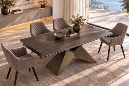 Masă de dining DIAMOND 180-260 cm, extensibilă, cu blat din ceramică cu aspect ruginit și picior din fier cu finisaj geometric bronz [2]