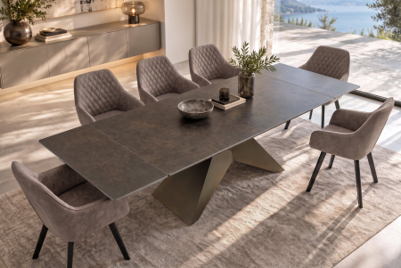 Masă de dining DIAMOND 180-260 cm, extensibilă, cu blat din ceramică cu aspect ruginit și picior din fier cu finisaj geometric bronz [1]
