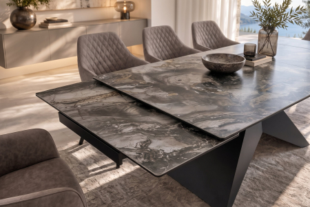 Masă de dining DIAMOND 180-260 cm extensibilă, din ceramică de culoare gri-maro, cu picior din fier negru cu motive geometrice [5]