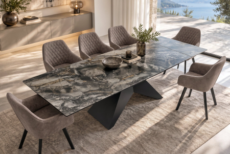 Masă de dining DIAMOND 180-260 cm extensibilă, din ceramică de culoare gri-maro, cu picior din fier negru cu motive geometrice [1]