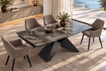 Masă de dining DIAMOND 180-260 cm extensibilă, din ceramică de culoare gri-maro, cu picior din fier negru cu motive geometrice [2]