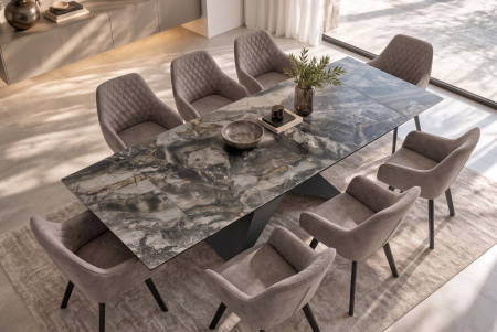Masă de dining DIAMOND 180-260 cm extensibilă, din ceramică de culoare gri-maro, cu picior din fier negru cu motive geometrice [3]