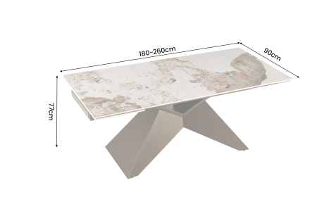 Masă de dining DIAMOND 180-260 cm extensibilă, din ceramică Pandora alb-maro, cu picior din fier bronzat cu motive geometrice [6]