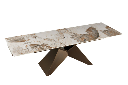 Mese bucatarie & dining - Masă de dining DIAMOND 180-260 cm extensibilă, din ceramică Pandora alb-maro, cu picior din fier bronzat cu motive geometrice