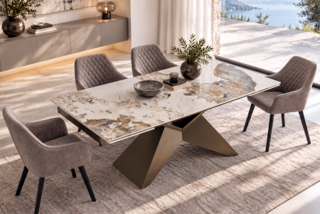 Masă de dining DIAMOND 180-260 cm extensibilă, din ceramică Pandora alb-maro, cu picior din fier bronzat cu motive geometrice [2]