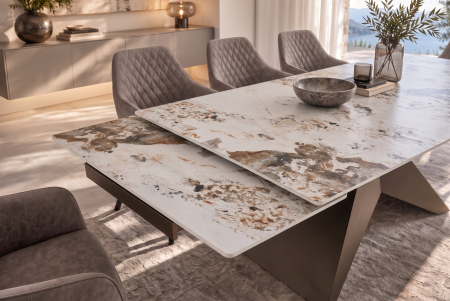 Masă de dining DIAMOND 180-260 cm extensibilă, din ceramică Pandora alb-maro, cu picior din fier bronzat cu motive geometrice [5]