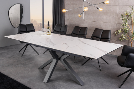 Masă de dining ETERNITY 160-200cm, ceramică cu aspect de marmură albă și sticlă securizată [1]