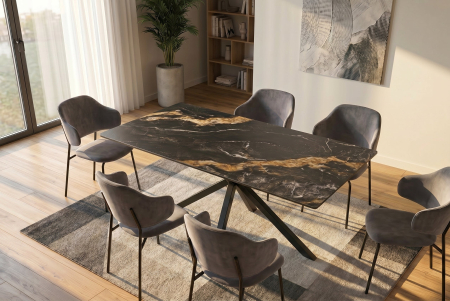 Masă de dining GALAXIE 160 cm cu cadru în formă de stea, aurora oro, ceramică neagră și nisip auriu [1]