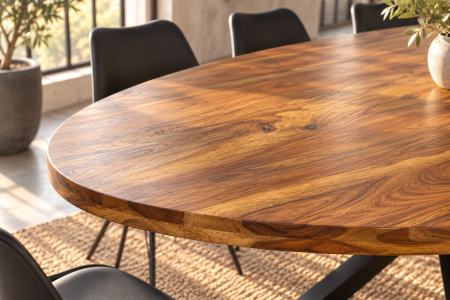 Masă de dining GALAXIE 240 cm, ovală, din lemn de sheesham, finisaj maro piatră, cu cadru negru în formă de stea [4]