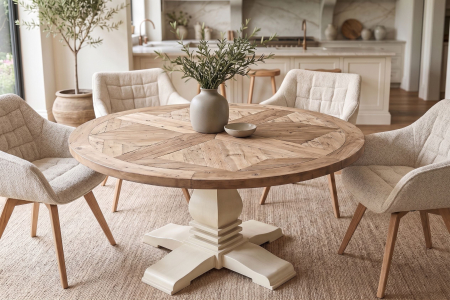 Masă de dining HAMPTONS rotundă de 120 cm din lemn de pin reciclat, maro deschis, cu cadru crem [2]