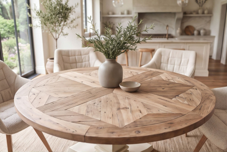Masă de dining HAMPTONS rotundă de 120 cm din lemn de pin reciclat, maro deschis, cu cadru crem [4]