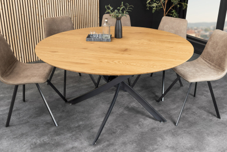 Masă de dining HELIX rotundă 120cm, aspect lemn de stejar sălbatic natural, cu cadru metalic negru [2]