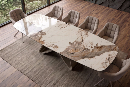 Masă de dining INFINITY 180-220-260 cm, extensibilă, în formă de barcă, din ceramică Pandora, alb-maro [7]