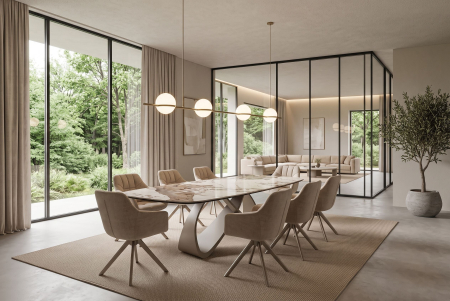 Masă de dining INFINITY 180-220-260 cm, extensibilă, în formă de barcă, din ceramică Pandora, alb-maro [4]