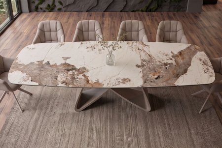 Masă de dining INFINITY 180-220-260 cm, extensibilă, în formă de barcă, din ceramică Pandora, alb-maro [6]