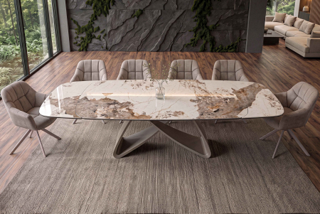 Masă de dining INFINITY 180-220-260 cm, extensibilă, în formă de barcă, din ceramică Pandora, alb-maro [1]