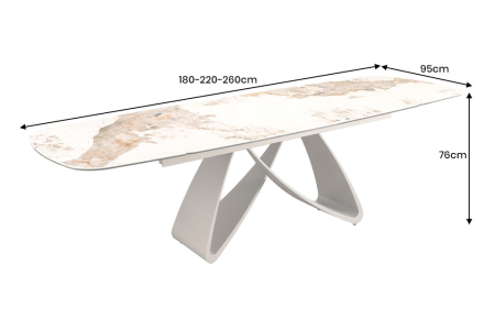 Masă de dining INFINITY 180-220-260 cm, extensibilă, în formă de barcă, din ceramică Pandora, alb-maro [13]