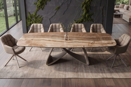 Masă de dining INFINITY 180-220-260 cm, extensibilă, în formă de barcă, din ceramică spaniolă de onix, maro ruginiu [5]