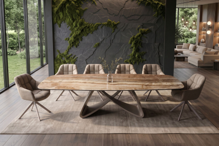 Masă de dining INFINITY 180-220-260 cm, extensibilă, în formă de barcă, din ceramică spaniolă de onix, maro ruginiu [1]