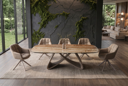 Masă de dining INFINITY 180-220-260 cm, extensibilă, în formă de barcă, din ceramică spaniolă de onix, maro ruginiu [3]