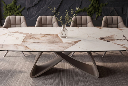 Masă de dining INFINITY 180-220-260 cm, extensibilă, în formă de barcă, italiană, din ceramică Patagonia, alb-maro [7]