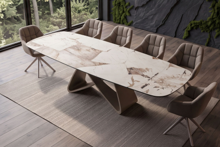 Masă de dining INFINITY 180-220-260 cm, extensibilă, în formă de barcă, italiană, din ceramică Patagonia, alb-maro [6]