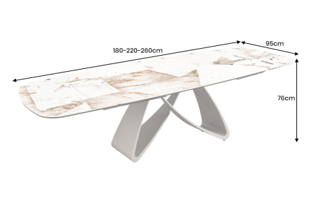 Masă de dining INFINITY 180-220-260 cm, extensibilă, în formă de barcă, italiană, din ceramică Patagonia, alb-maro [10]