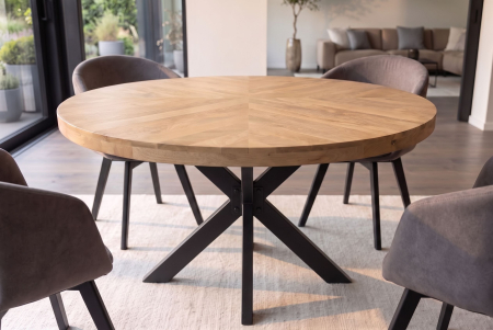 Masă de dining INFINITY HOME rotundă de 120 cm cu cadru în formă de stea, din lemn de mango, culoare crem natural [2]