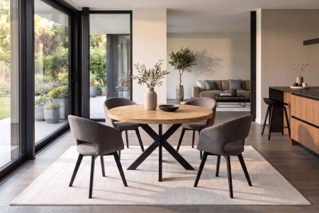 Masă de dining INFINITY HOME rotundă de 120 cm cu cadru în formă de stea, din lemn de mango, culoare crem natural [1]