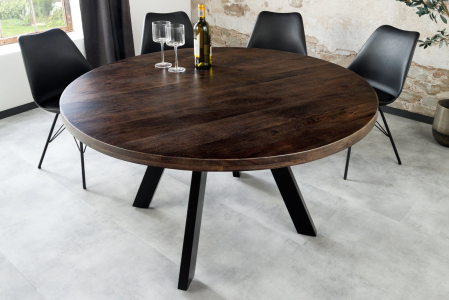 Masă de dining IRON CRAFT Ø 120cm rotundă din lemn de mango, culoare taupe, maro, cu picioare negre [1]
