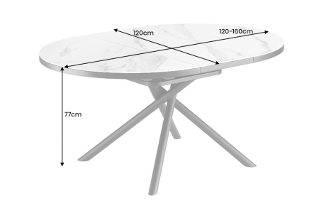 Masă de dining MIKADO 120-160cm rotundă extensibilă, aspect marmură, ceramică albă, sticlă securizată [8]